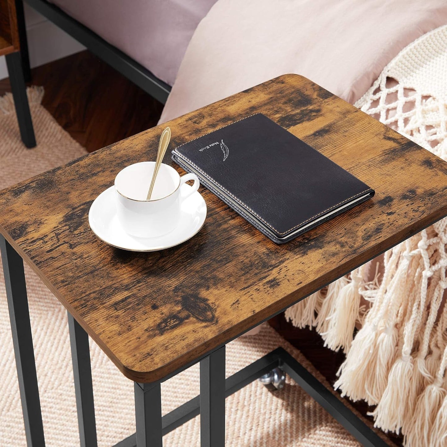 C Shaped TV Tray with Metal Frame Rolling Casters, Industrial Side Table for Living Room Bedroom