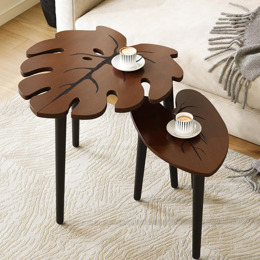 Monstera Leaf Nesting Tables Set of 2, Small Coffee Table Set with Leaf Vein Pattern, Modern Wooden Side Tables