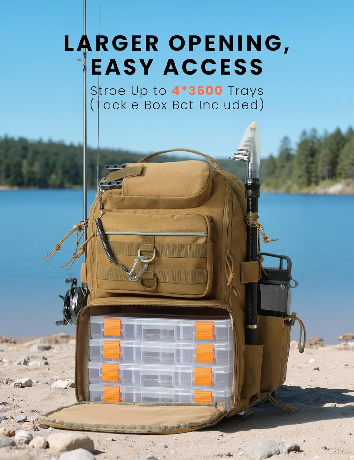 Tackle Backpack Fishing Bags with Rod Holder, 40L Water-Resistant Tackle Box Storage Bag