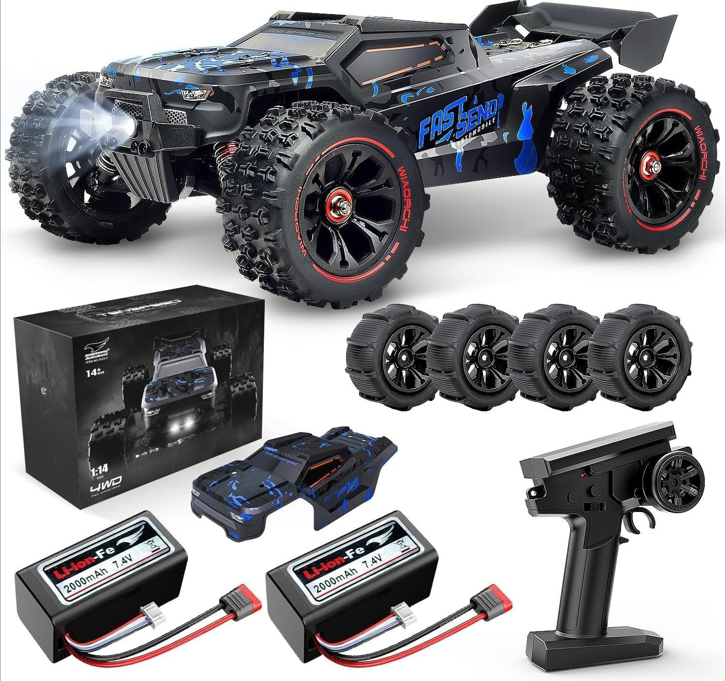 OMOMMD 1:14 Scale RC Cars for Adults, 60KPH High Speed RC Truggy, 4X4 Off-Road Remote Control Truck, Waterproof Electric Car with 2S Battery, All Terrain RC Vehicle for Snow, Sand, Beach & Rocky Surfaces
