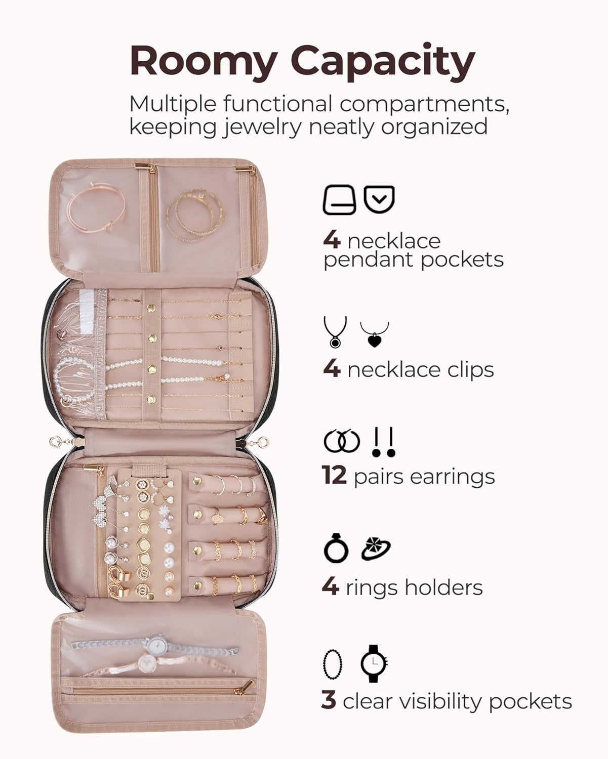 Jewelry Organizer Bag Travel Jewelry Storage Cases for Necklace, Earrings, Rings, Bracelet, Black