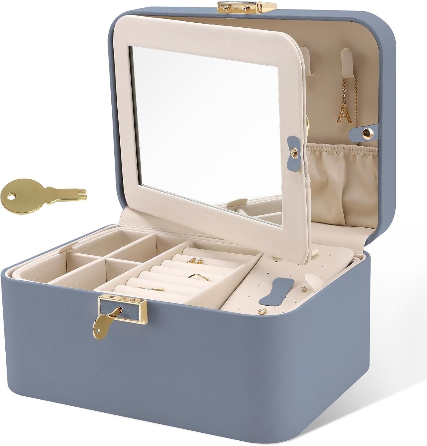 Jewelry Organizer Box, 2 Layers, Large Capacity, Double Lock and Large Mirror, Hidden Necklace Hooks, Removable Dividers