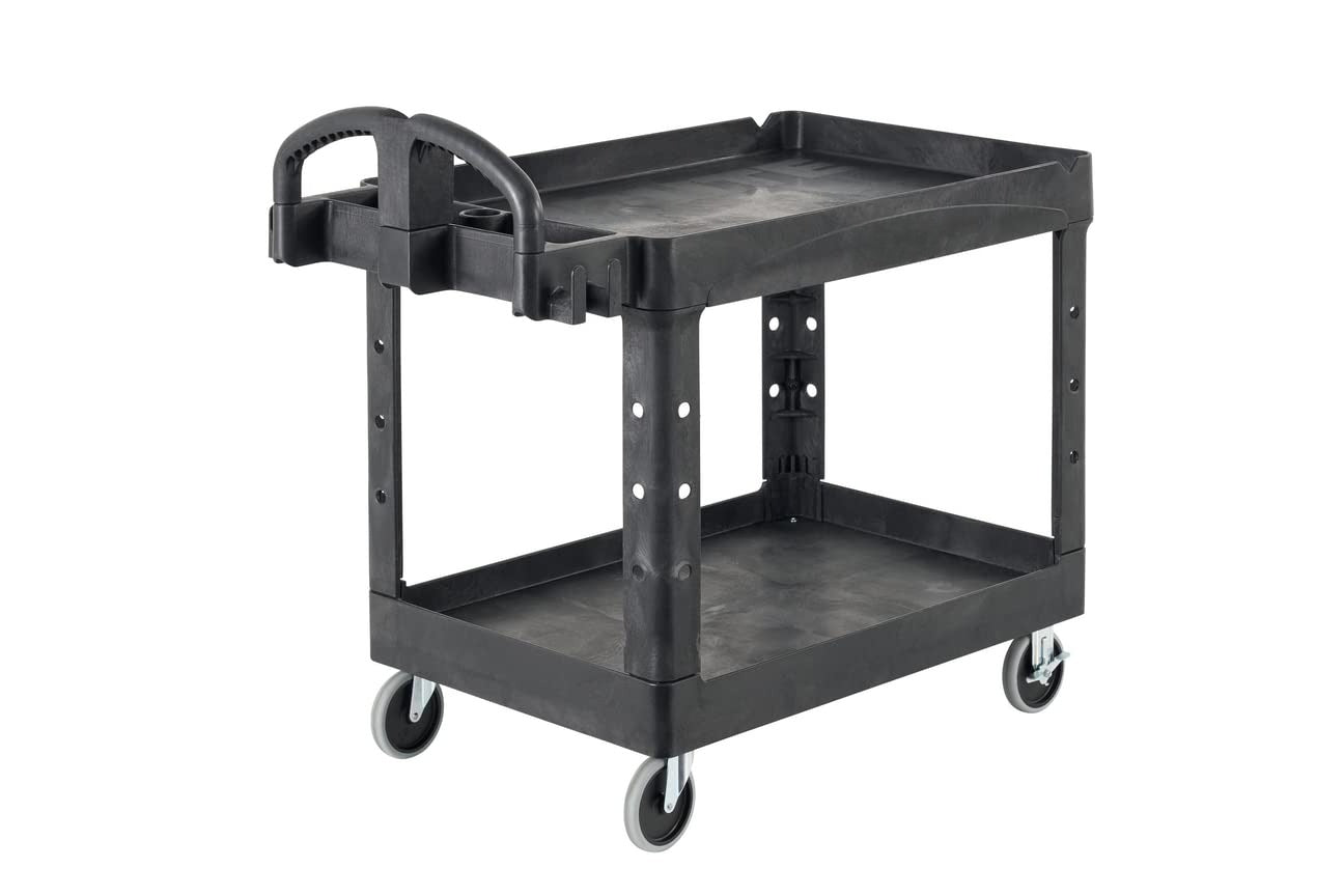 2-Shelf Utility/Service Cart, Medium, Black, Lipped Shelves, Warehouse/Garage/Cleaning
