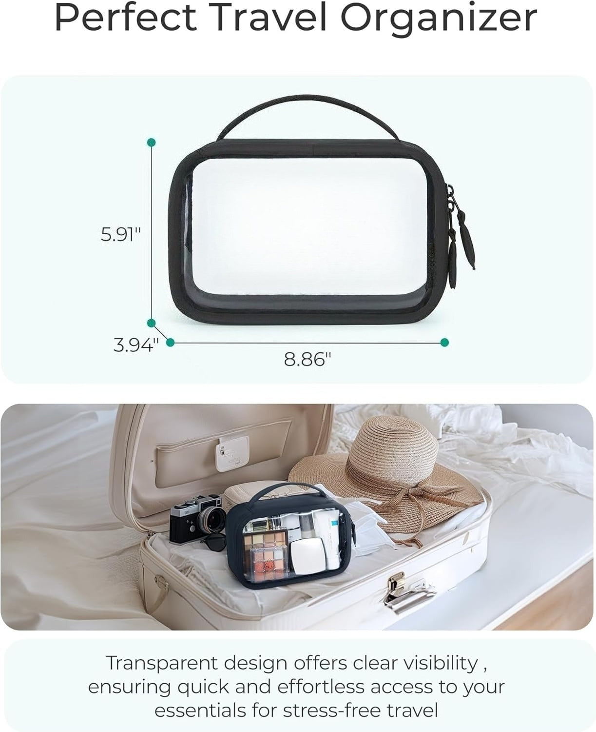 Toiletry Bag, Large Opening Clear Makeup Bag with Handle, Quart Sized Travel Toiletry Bag