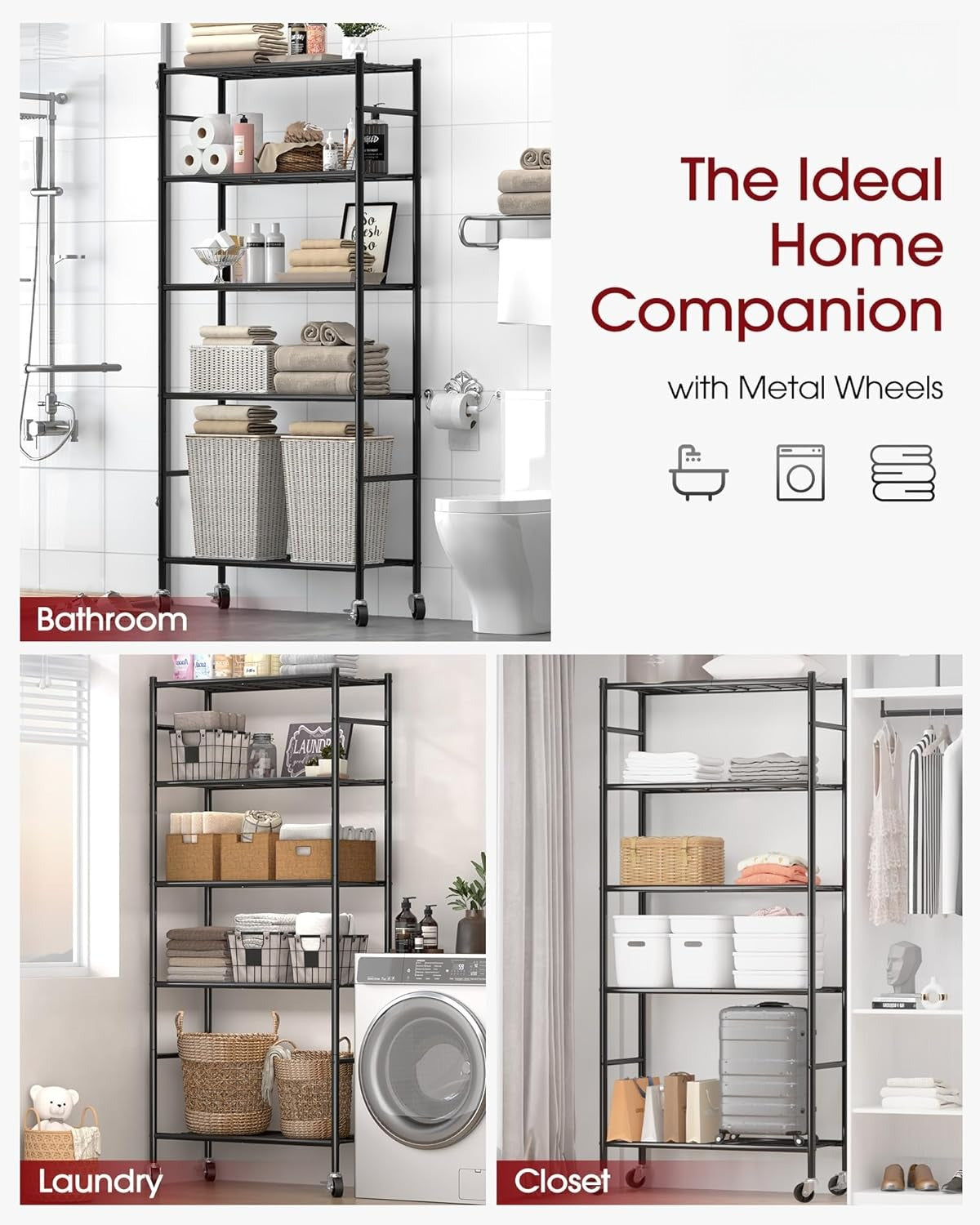 Storage Shelves Organizer - 5 Tier Metal Shelf Organizer with Metal Wheels and Adjustable Leveling Feet