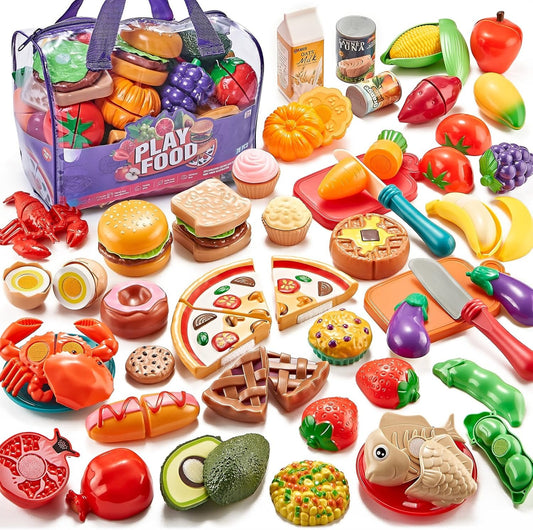 OMOMMD Pretend Play Food for Kids Kitchen, 78Pc Cutting Toy Food with Storage Bag