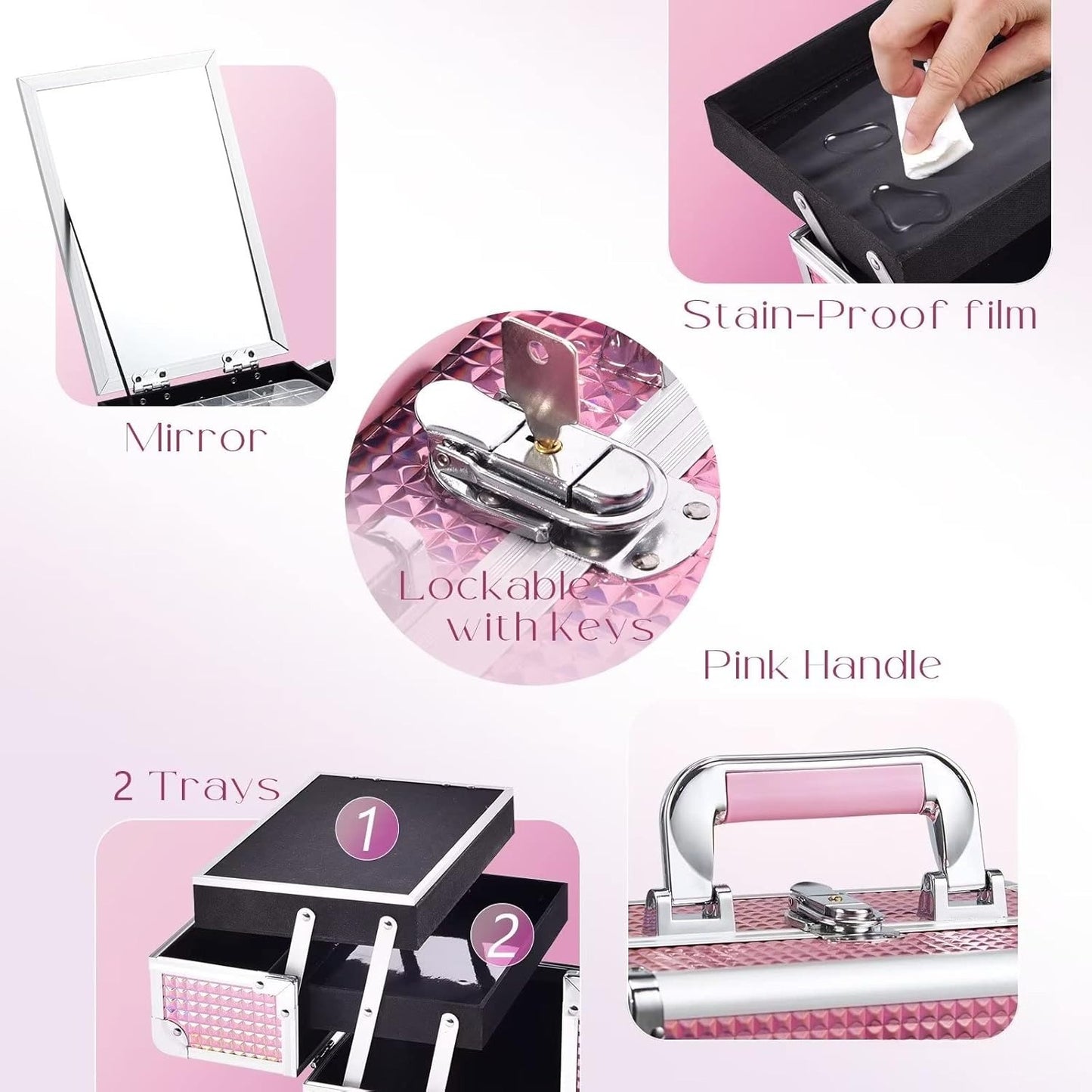Makeup Organizer Portable Cosmetic Box Storage with 2 Trays Mirror Locking Make Up Travel Case