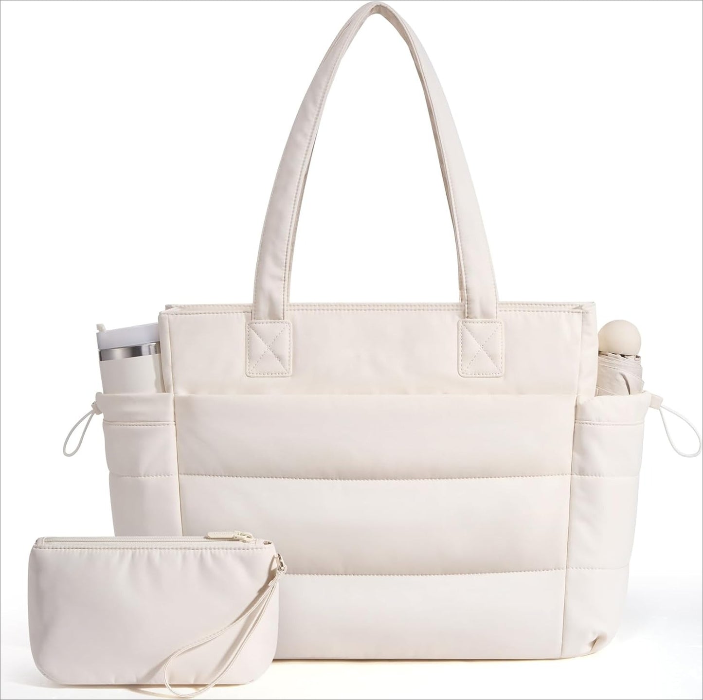 Tote Bag for Women with Giant Tumbler Holder Pocket, Puffer Work Travel Laptop Handbag with Zipper