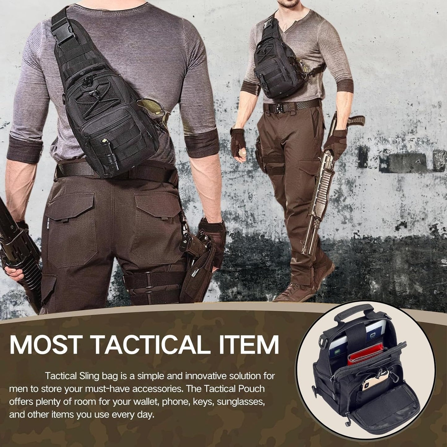 Tactical Shoulder Sling Bag Small Outdoor Chest Pack Backpack for Men Traveling, Sling Backpack
