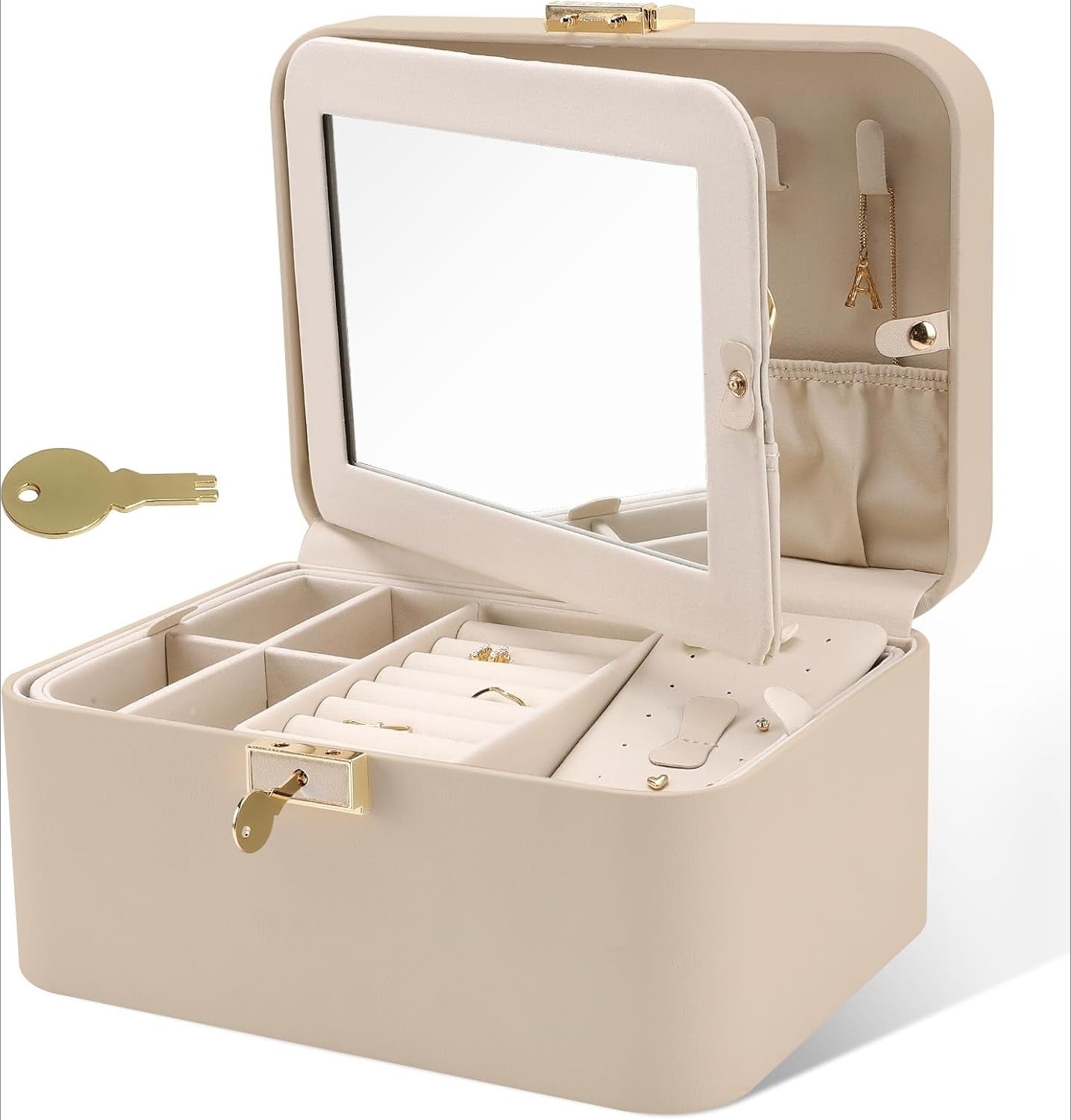Jewelry Organizer Box, 2 Layers, Large Capacity, Double Lock and Large Mirror, Hidden Necklace Hooks, Removable Dividers