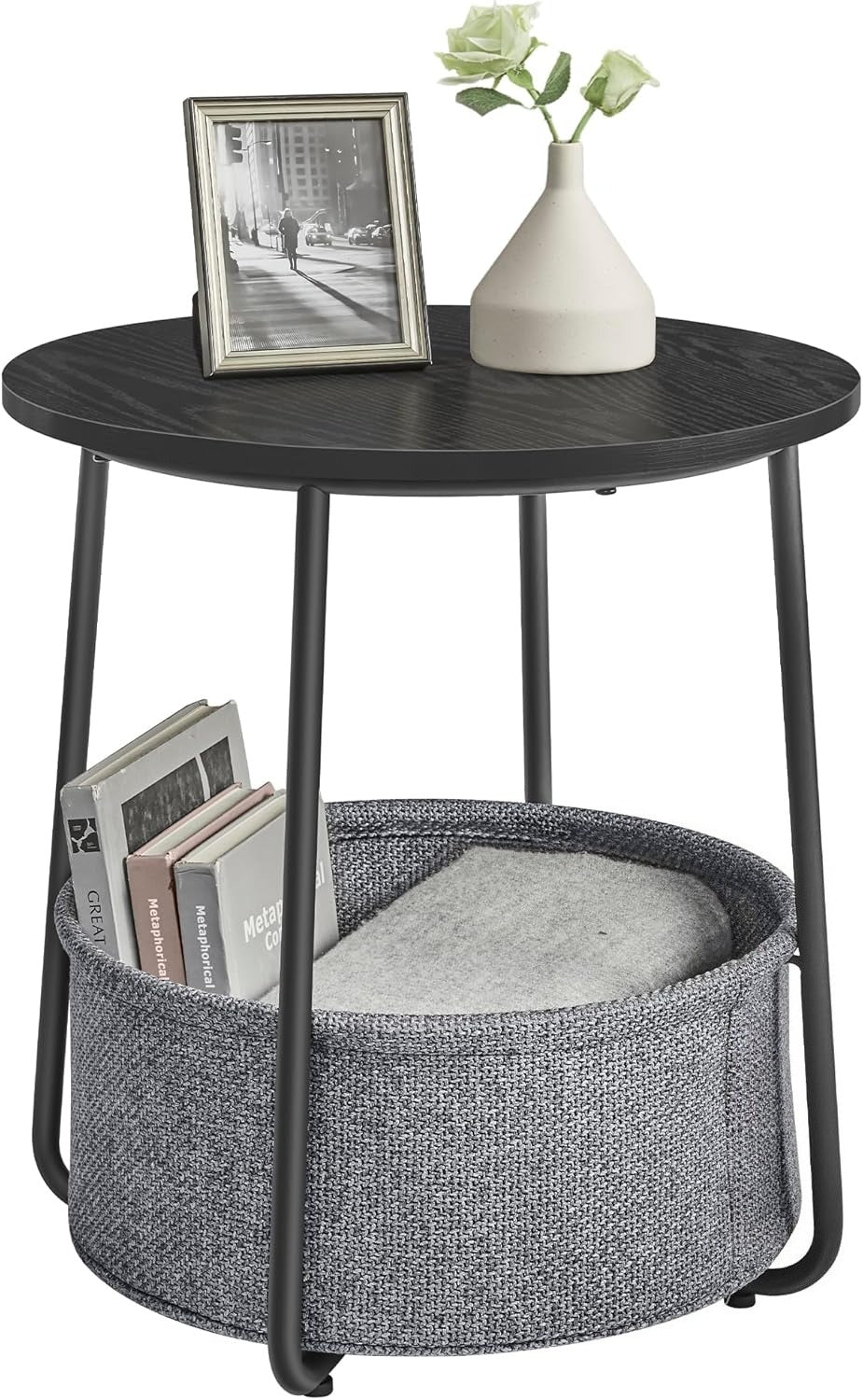 Small Round Side End Table, Modern Nightstand with Fabric Basket
