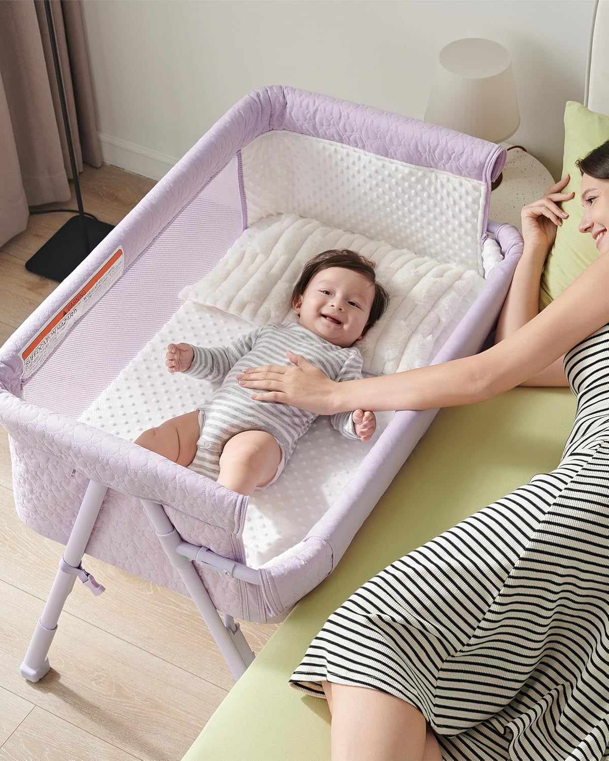 Bassinet Bedside Sleeper,  Baby Sleeper with 4 Auto-Lock & Adjustable Height, Breathable Mesh & Mattress