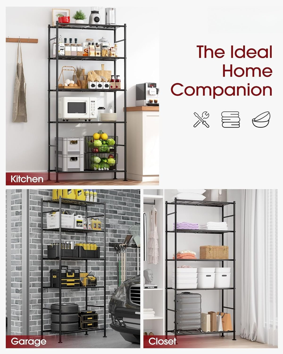 5 Tier Shelf Organizer, Heavy Duty Garage Shelving Unit with Leveling Feet Stable Metal Shelves
