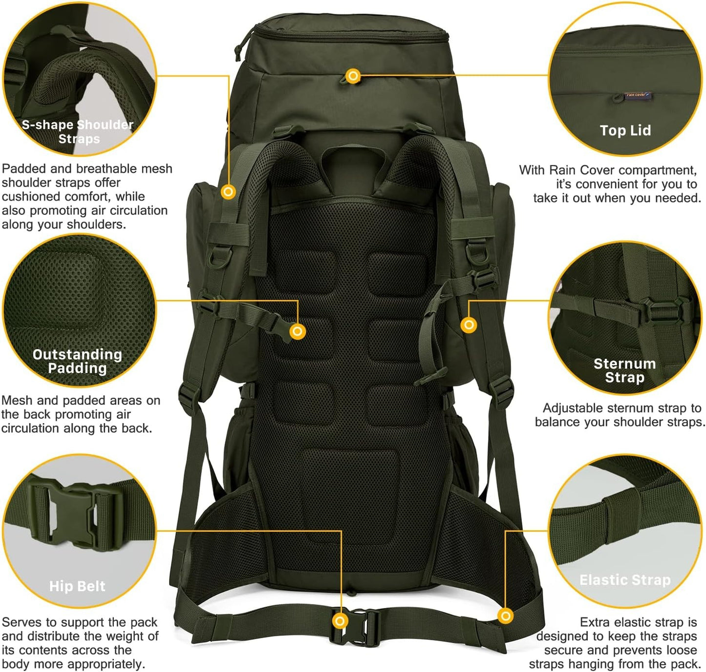 60L Military Internal Frame Backpack for Hiking,Camping,Hunting,Rucksack Backpack with Rain Cover