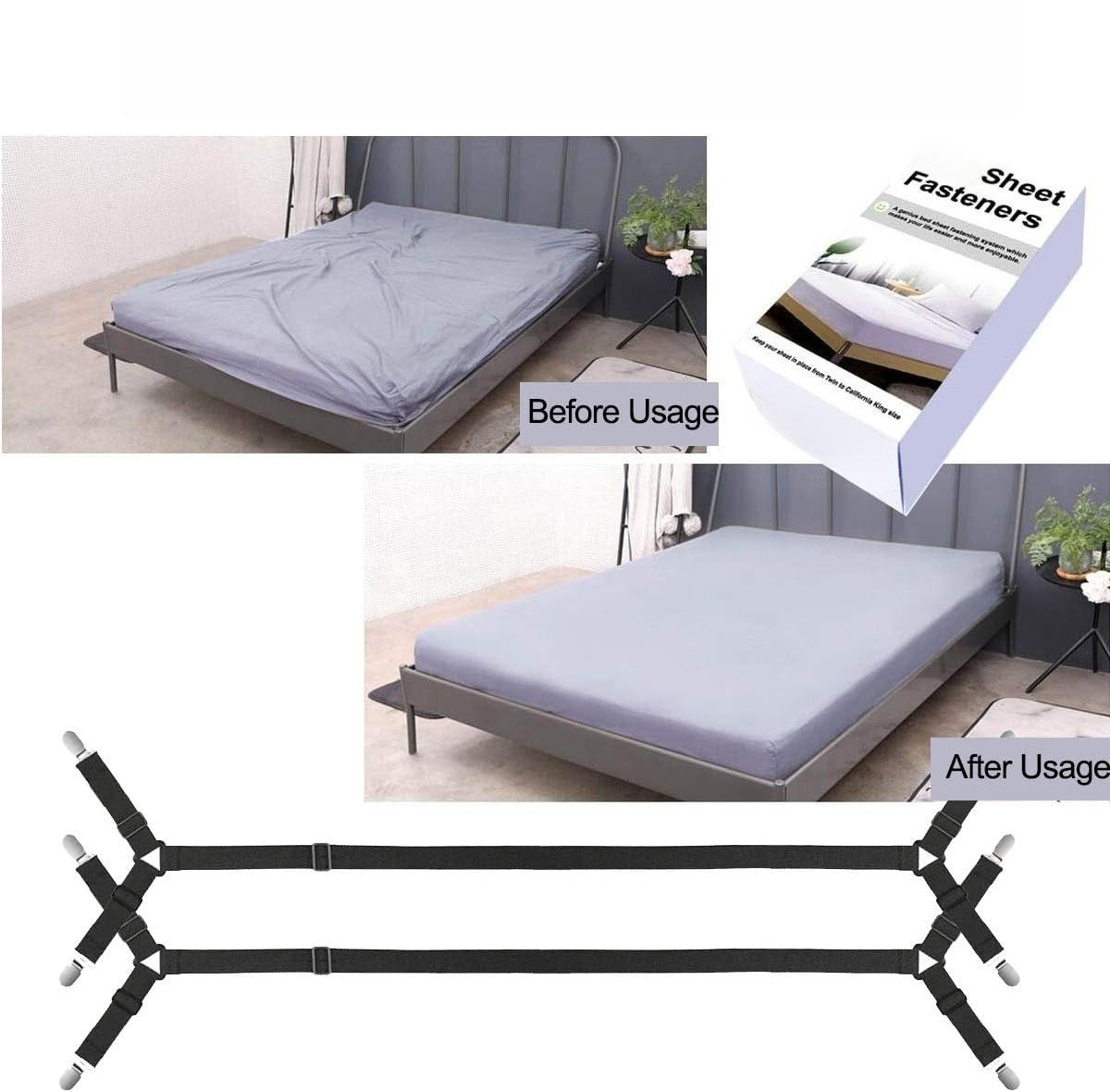 Bed Sheet Holder Straps - Sheet Straps Adjustable Bed Sheet Clips  Sheets Stays in Place,2count/Set Black