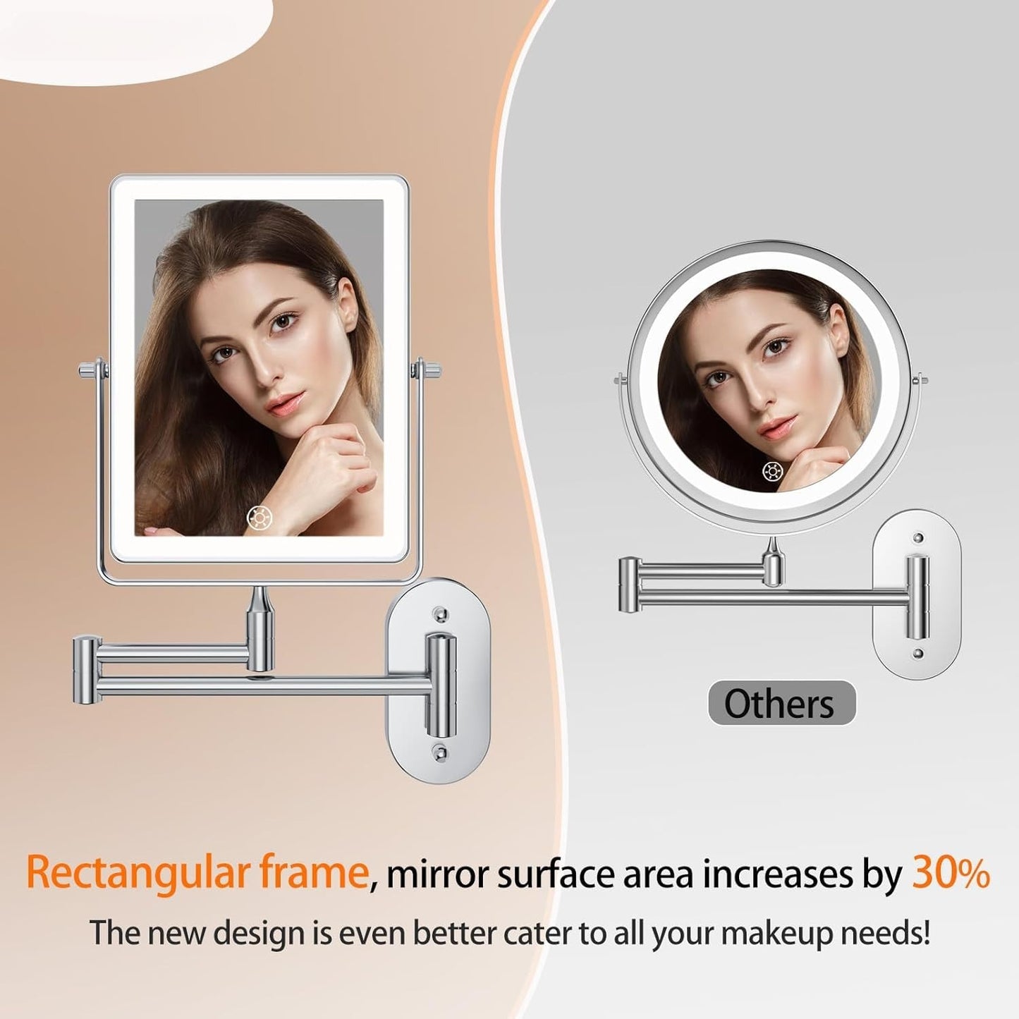Rechargeable Wall Mounted Makeup Mirror, with Light  8.7" Double Sided Touch  1X/30X