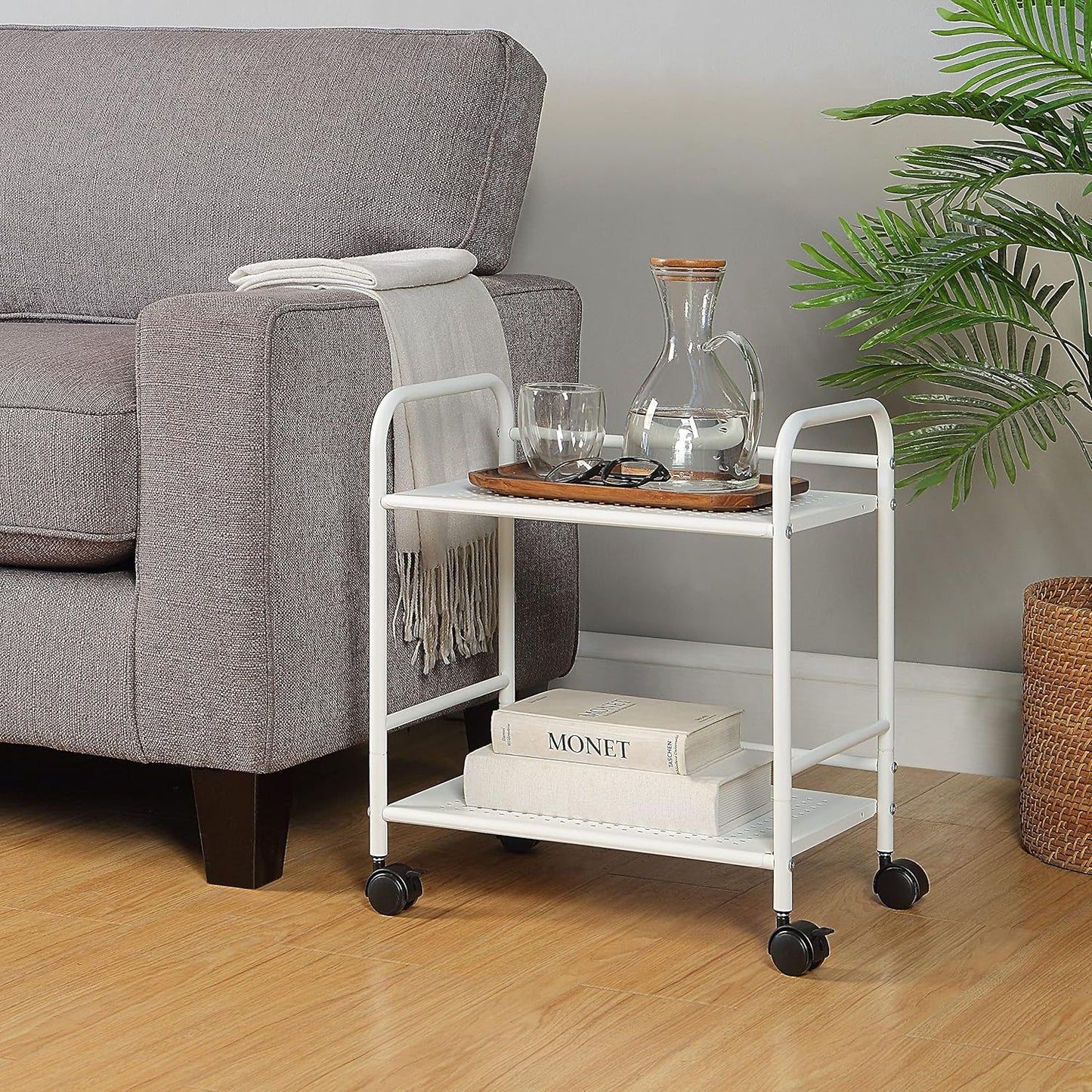 2-Tier Metal Rolling Utility Cart – Mobile Storage Shelf with Caster Wheels – Small Space Organizer