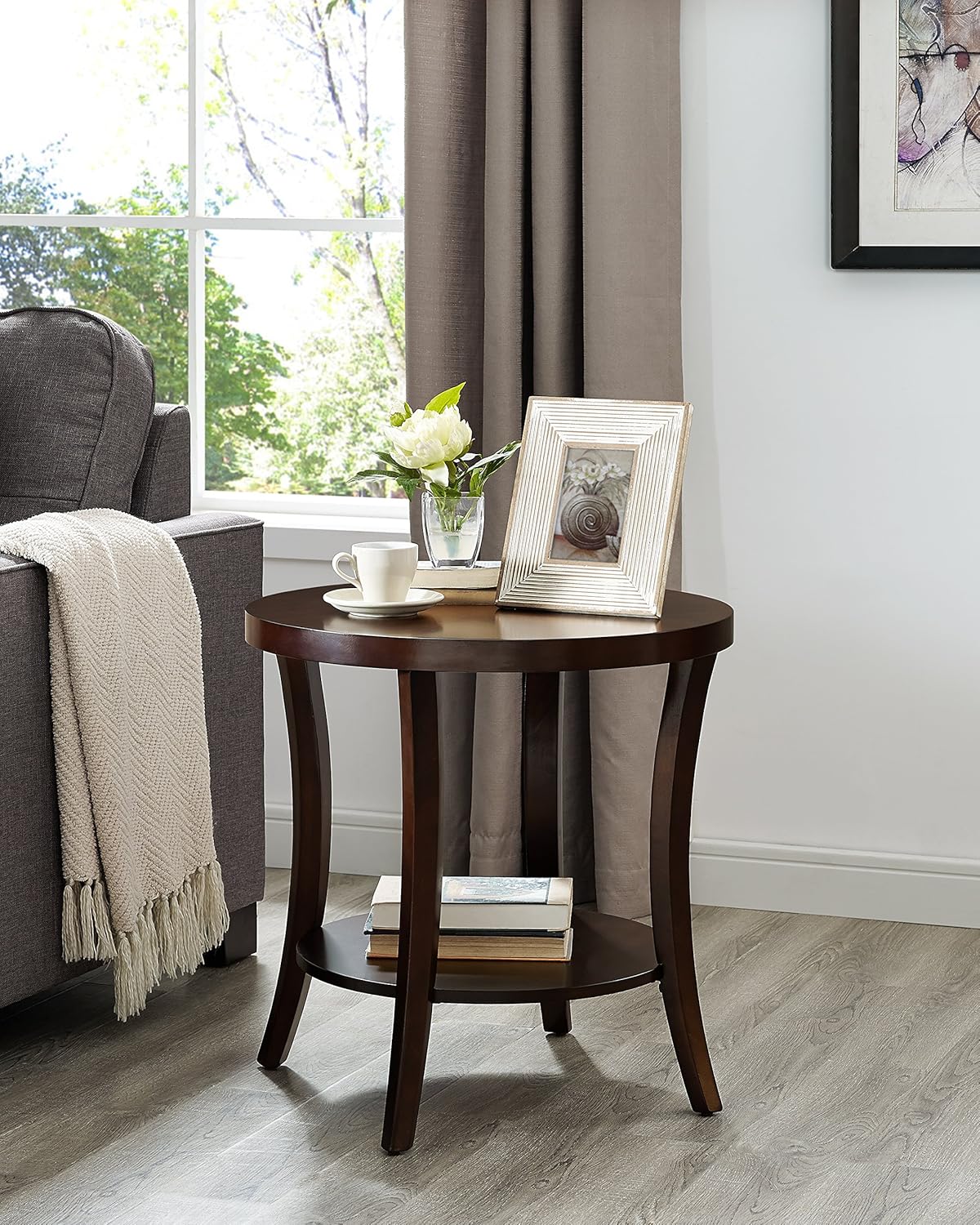 Retro mini coffee table-Perth Contemporary Round End Table with Shelf, Espresso