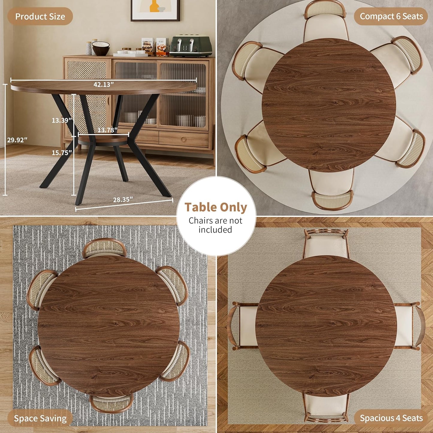 42" Round Dining Table for 4, Farmhouse Kitchen Table with Storage, Space Saving Circle Dinner Table