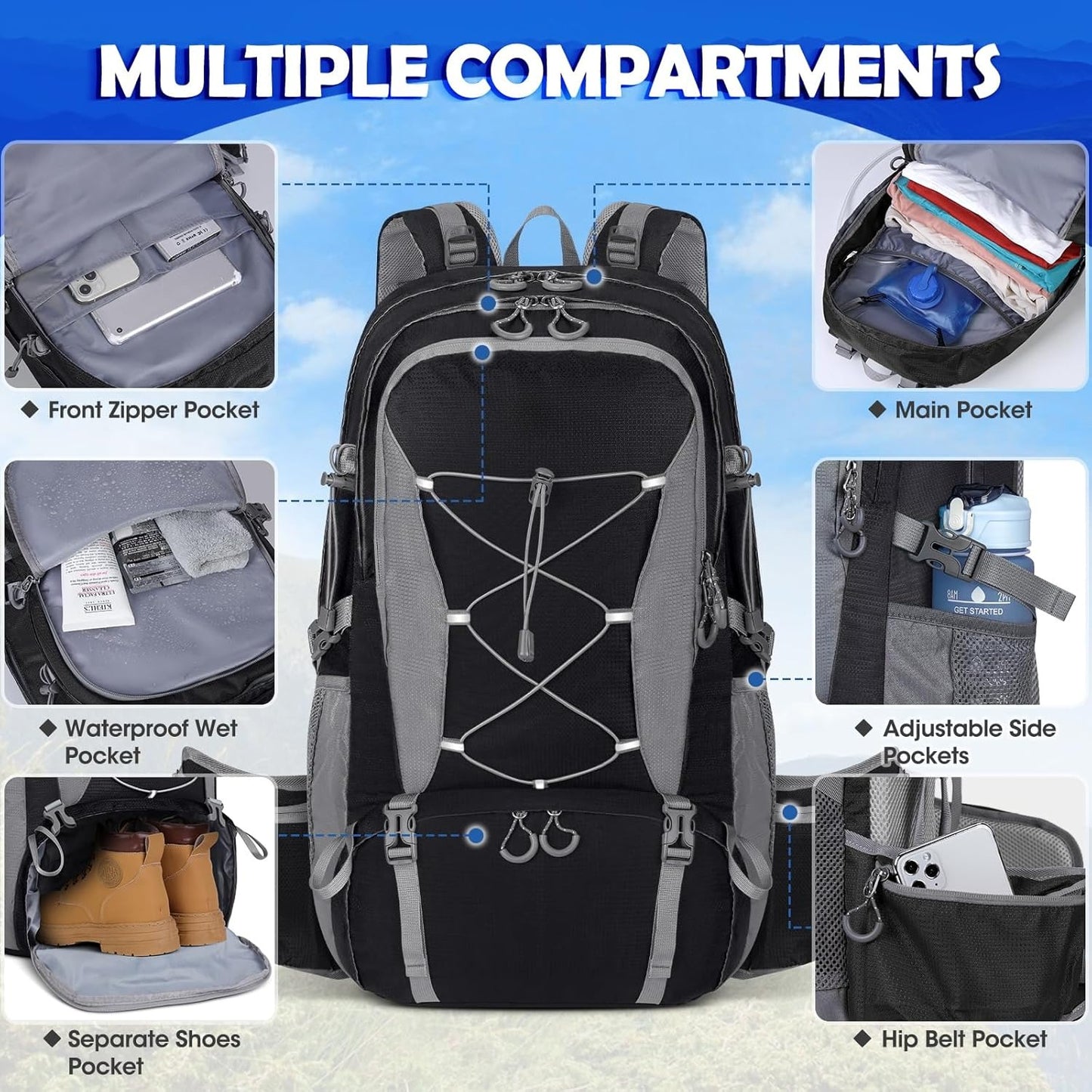 50L Hiking Backpack Waterproof Camping Backpack for Men Women Lightweight HIking Daypack