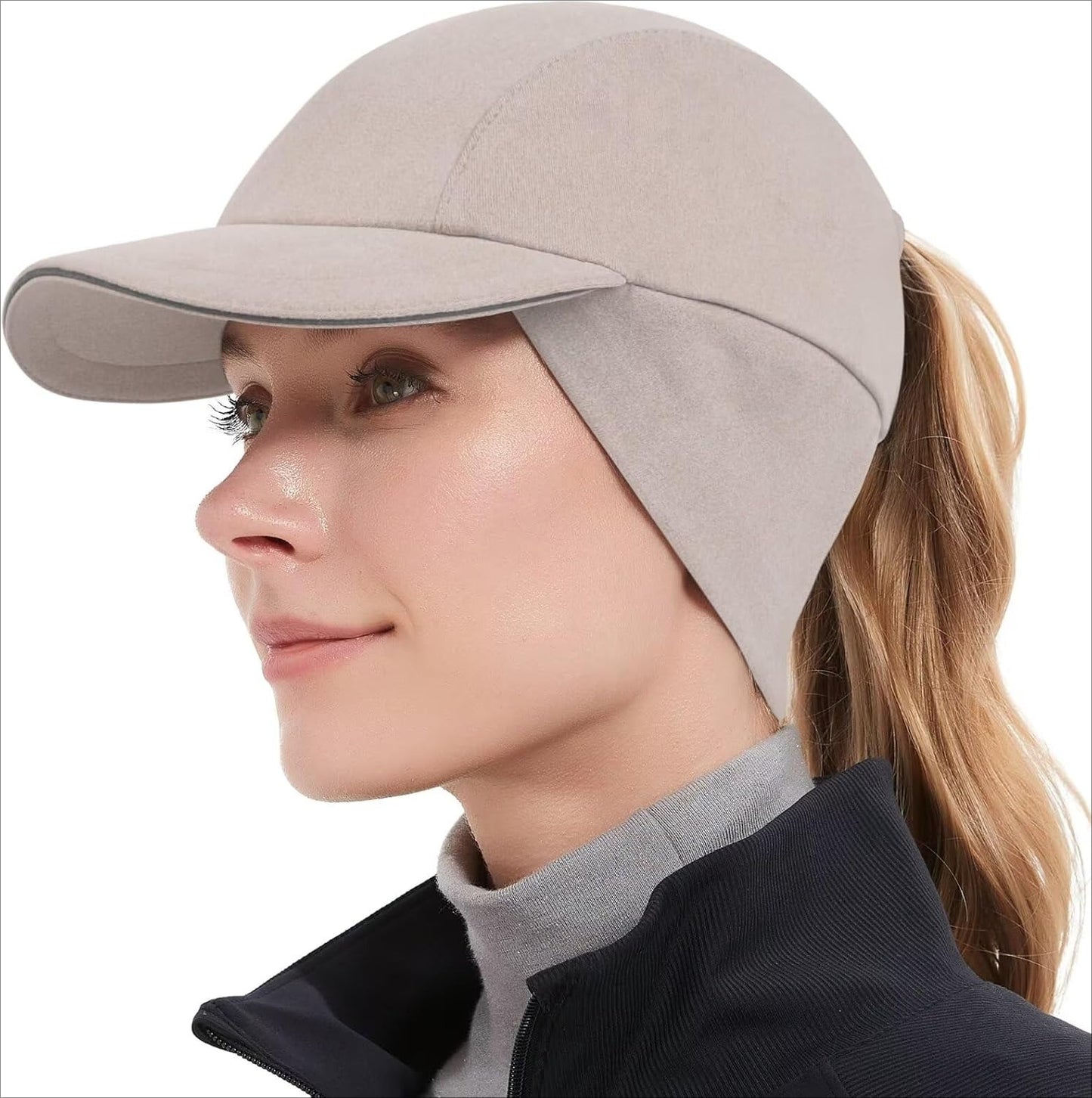 Women's Winter Reflective Fleece Ponytail Hat with Drop Down Ear Warmer