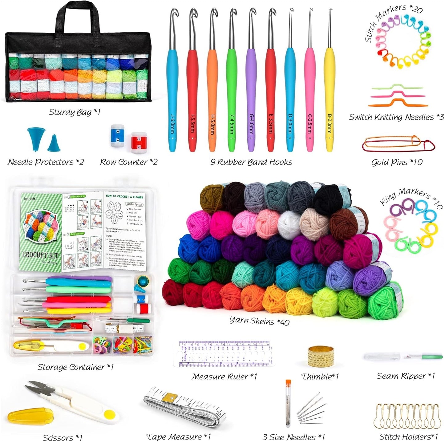 OMOMMD 113 Piece Crochet Kit with Yarn Set– 1600 Yards Assorted Yarn for Knitting and Crochet, 73PCS Crochet Accessories Set Including Ergonomic Hooks, Knitting Needles & More Ideal Beginner Kit