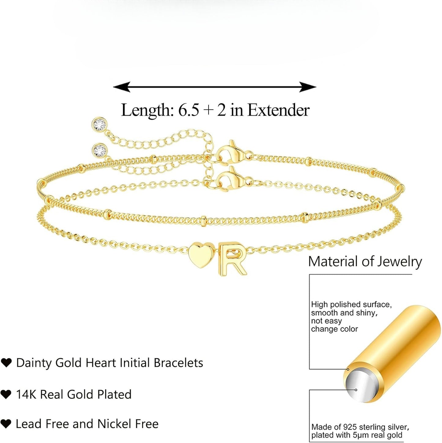 Dainty Initial Heart Gold Bracelets for Women Trendy, 14K Real Gold Letter Charm Bracelet Jewelry