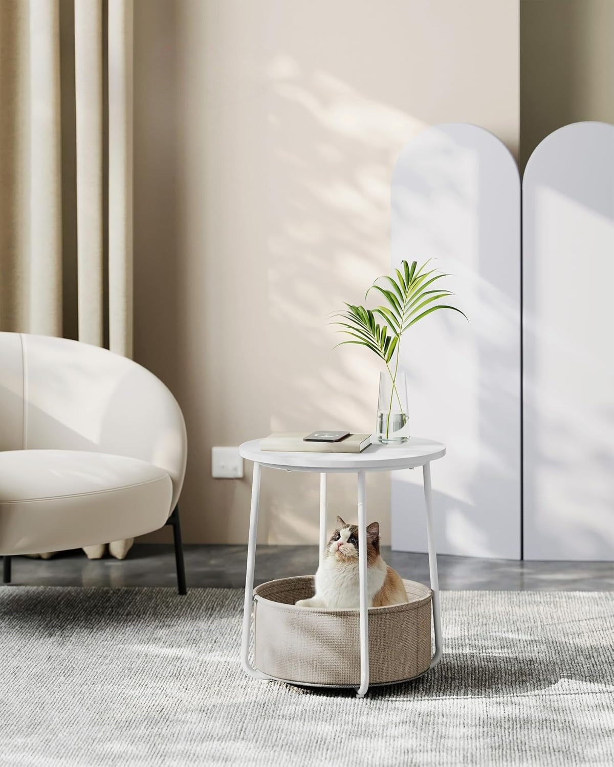Small Round Side End Table, Modern Nightstand with Fabric Basket