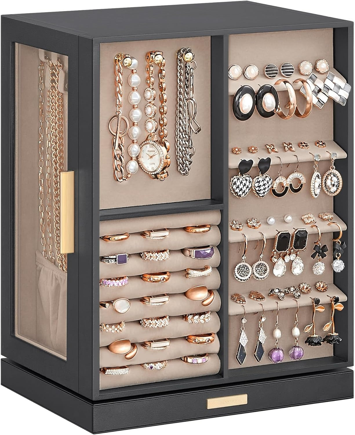 360° Rotating, Jewelry Storage Case with 5 Drawers, Jewelry Organizer, Glass Window