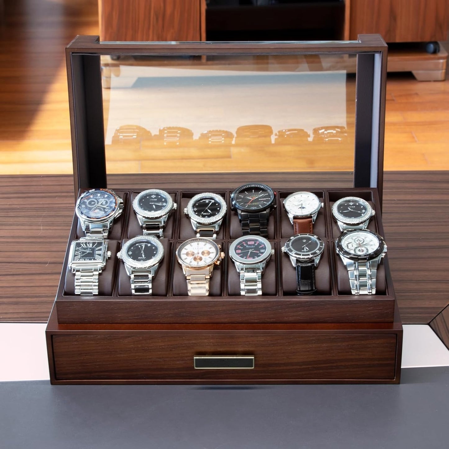 High End Watch Box for Men, 12 Slot Wooden Watch Case With Drawer, Watch Display Box with Glass Lid