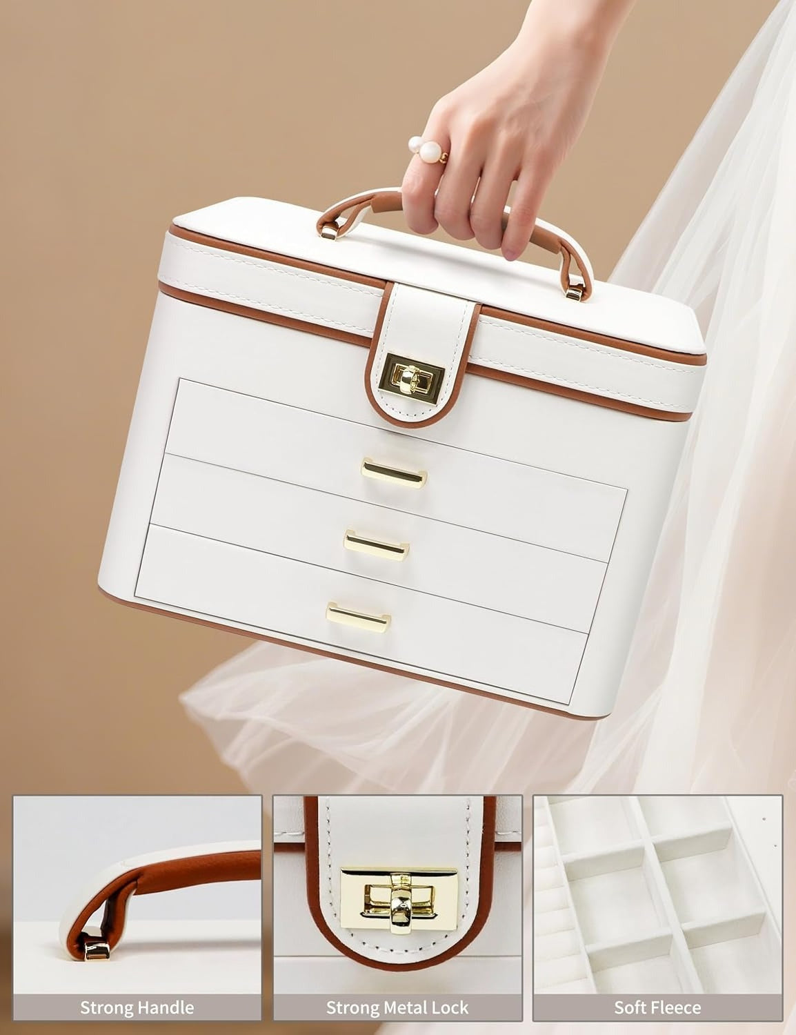 4 Layer Jewelry Organizer with Mirror, 3 Drawers, Jewelry Storage Box, for Earring, Necklace, Bracelet, Ring