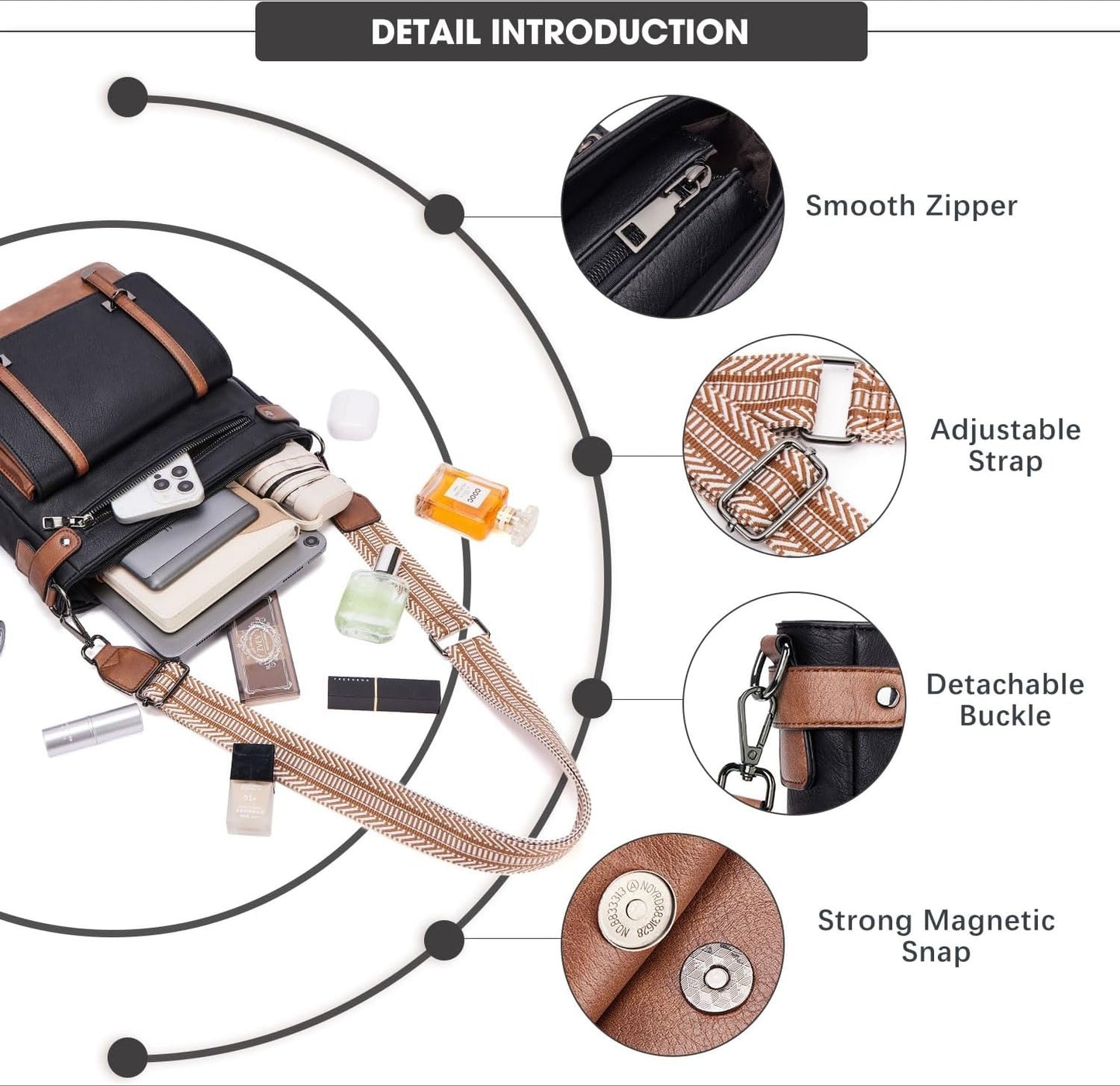 Women Multi Pocket Crossbody Purses Vegan Leather Shoulder Handbags Travel Purse Adjustable Strap