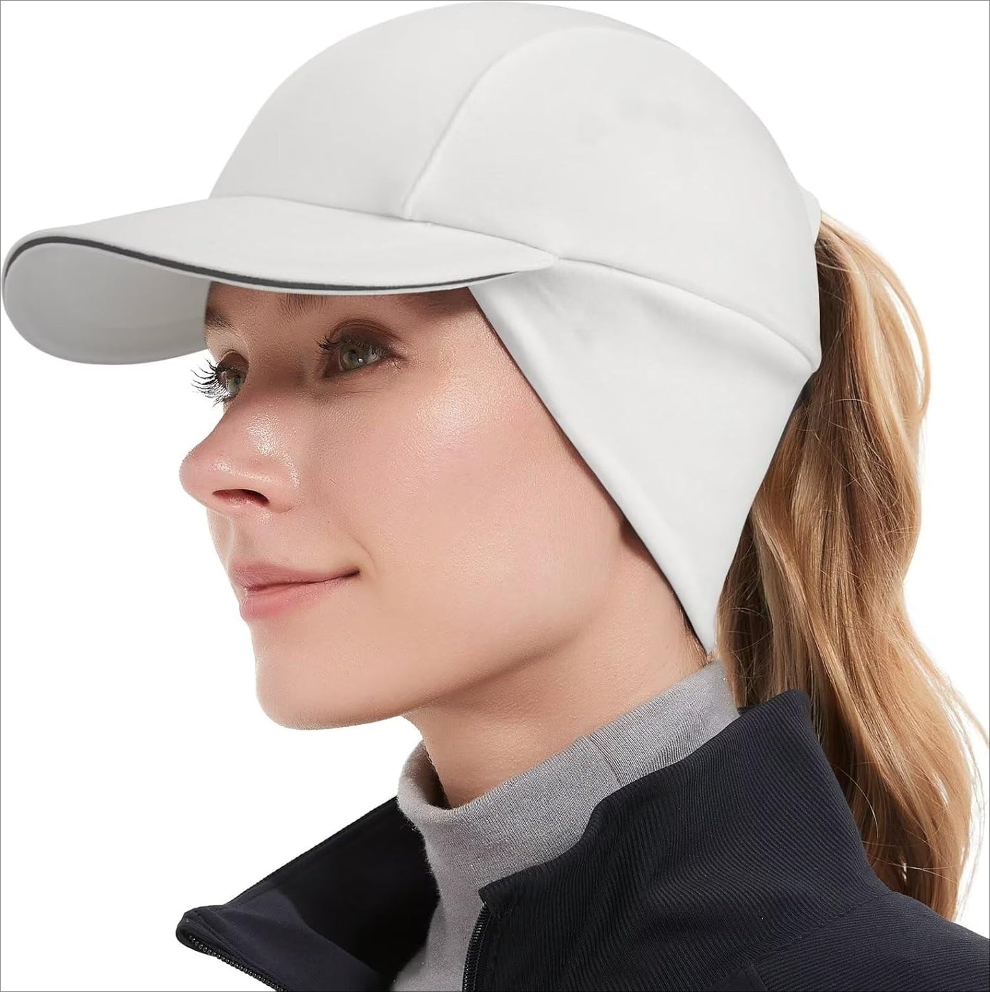 Women's Winter Reflective Fleece Ponytail Hat with Drop Down Ear Warmer