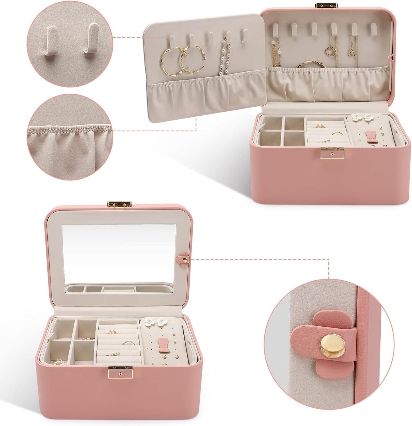Jewelry Organizer Box, 2 Layers, Large Capacity, Double Lock and Large Mirror, Hidden Necklace Hooks, Removable Dividers