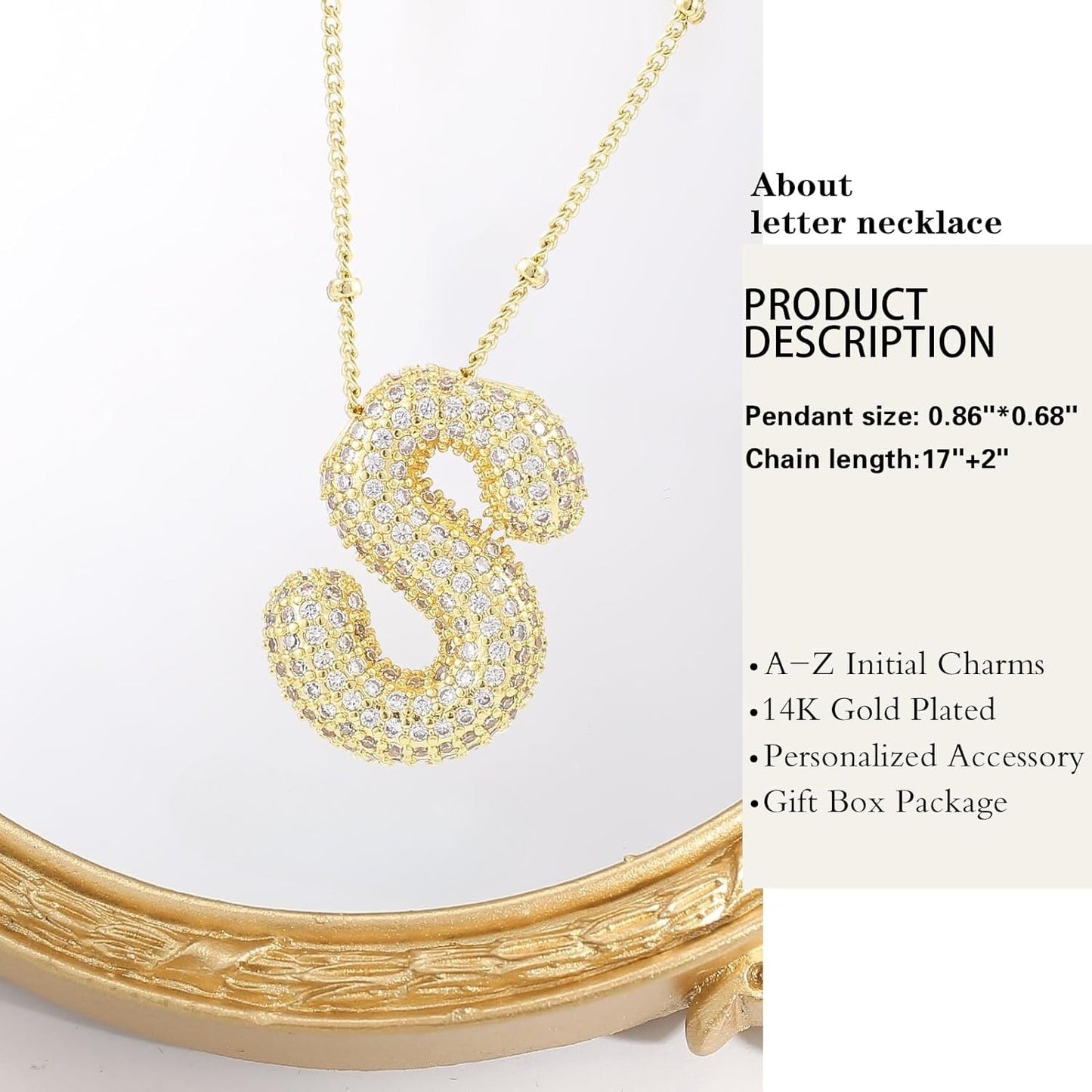Personalized Chunky Initial Necklace: 14K Gold Plated Bubble Balloon Charm Pendant for Women