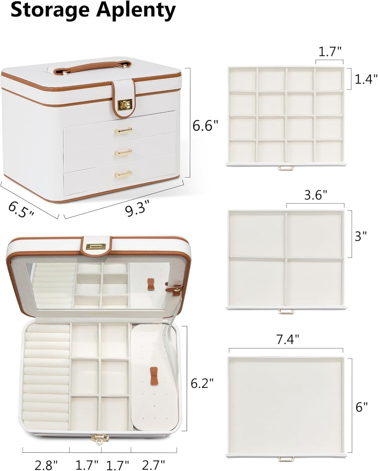 4 Layer Jewelry Organizer with Mirror, 3 Drawers, Jewelry Storage Box, for Earring, Necklace, Bracelet, Ring