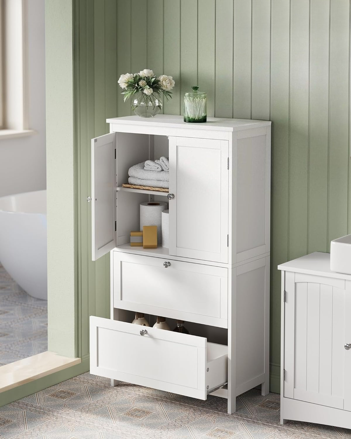 Floor Storage Cabinet, Freestanding Storage Unit with 2 Drawers and 2 Doors, Adjustable Shelf