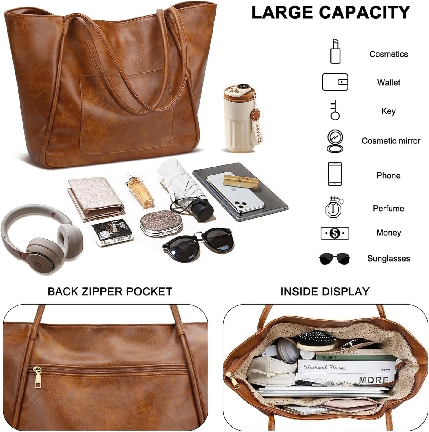 Large Tote Bag for Women with Zipper Work Leather Travel Purse and Handbags