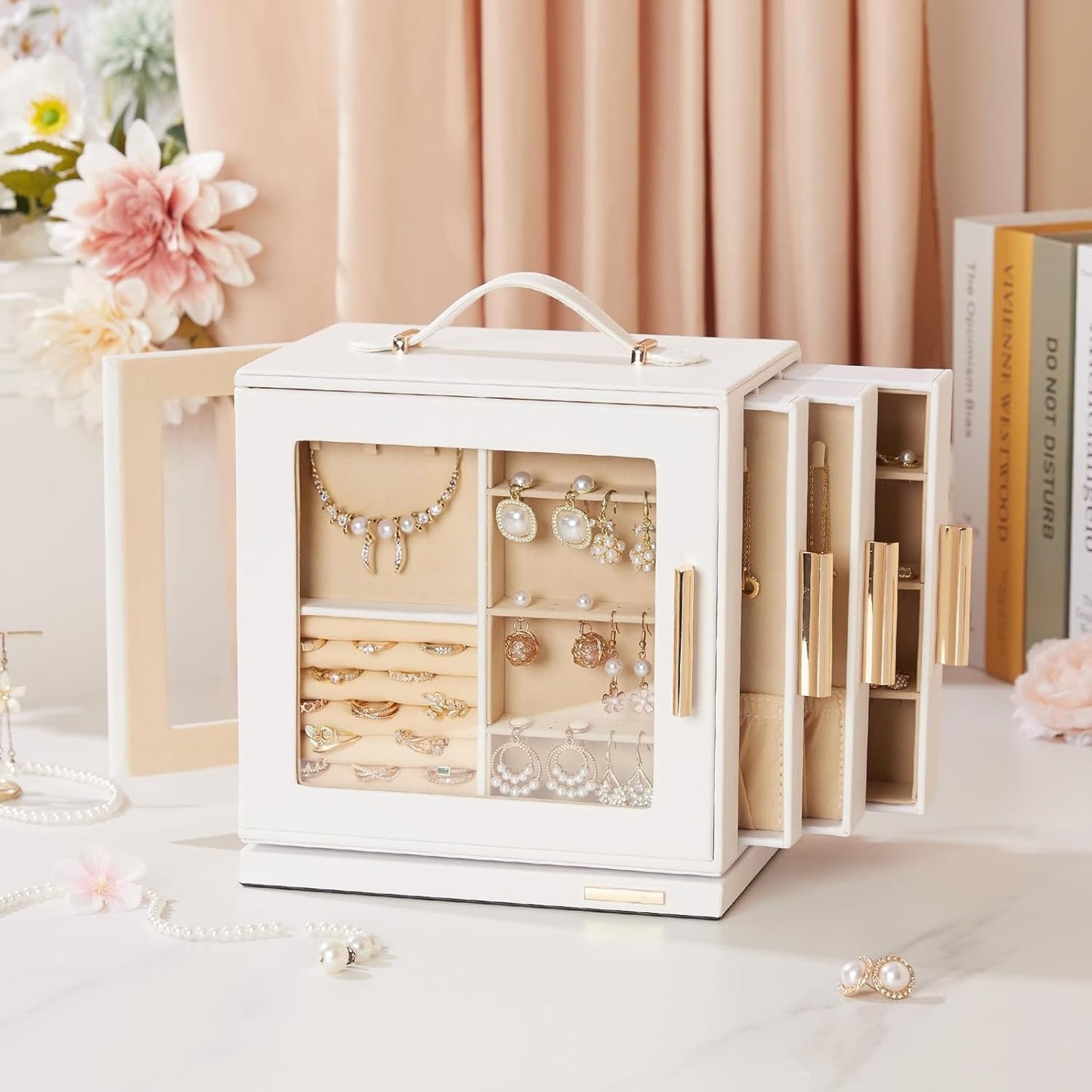 Jewelry Box 360° Rotating, Necklace Earring Organizer with Transparent Window, Mirror, 7 Drawers