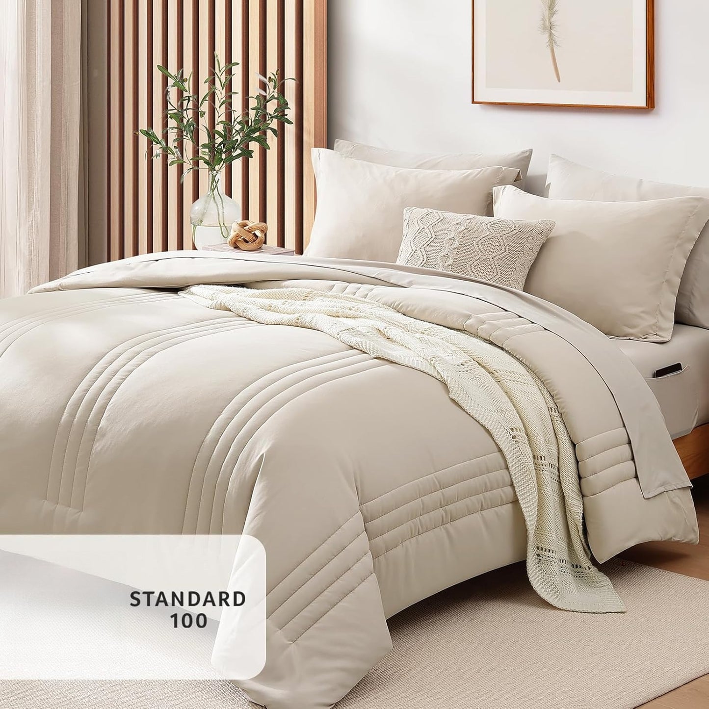 Queen Comforter Set - 7 count Beige Bed in a Bag Queen Bedding Sets , All Seasons