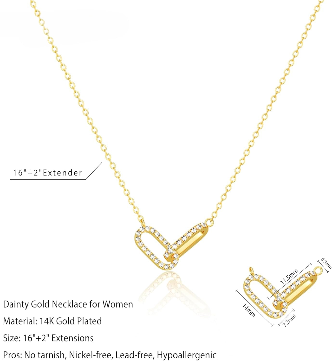 "Freekiss Gold Pendant Necklace for Women - Dainty 14K Gold Plated Paperclip Choker, Minimalist Open Oval Diamond Necklace, Cute Jewelry Gift"