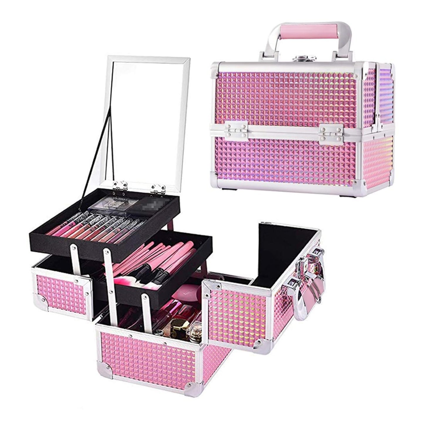 Makeup Organizer Portable Cosmetic Box Storage with 2 Trays Mirror Locking Make Up Travel Case