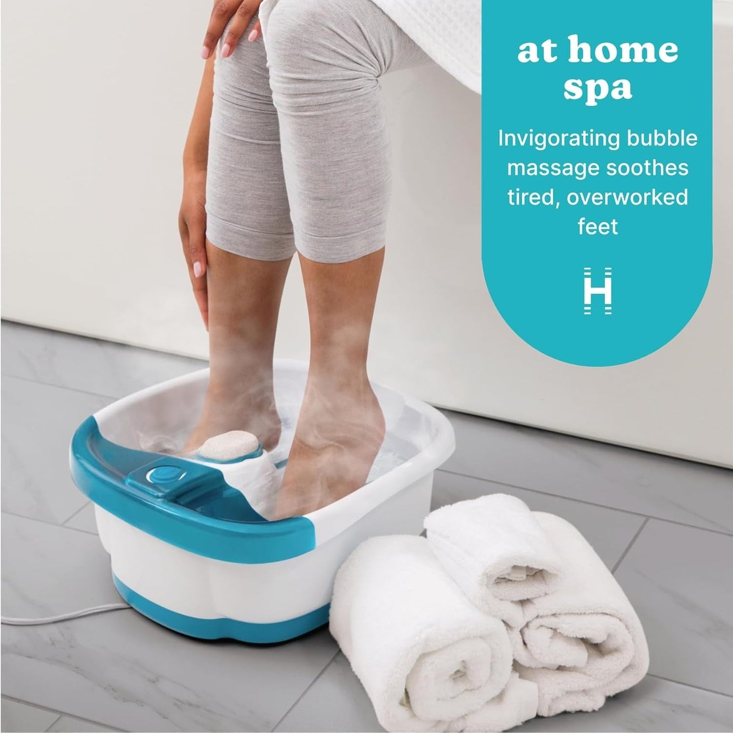 OMOMMD Bubble Mate Foot Spa, Toe Touch Controlled Foot Bath with Invigorating Bubbles and Splash Proof, Raised Massage Nodes and Removable Pumice Stone