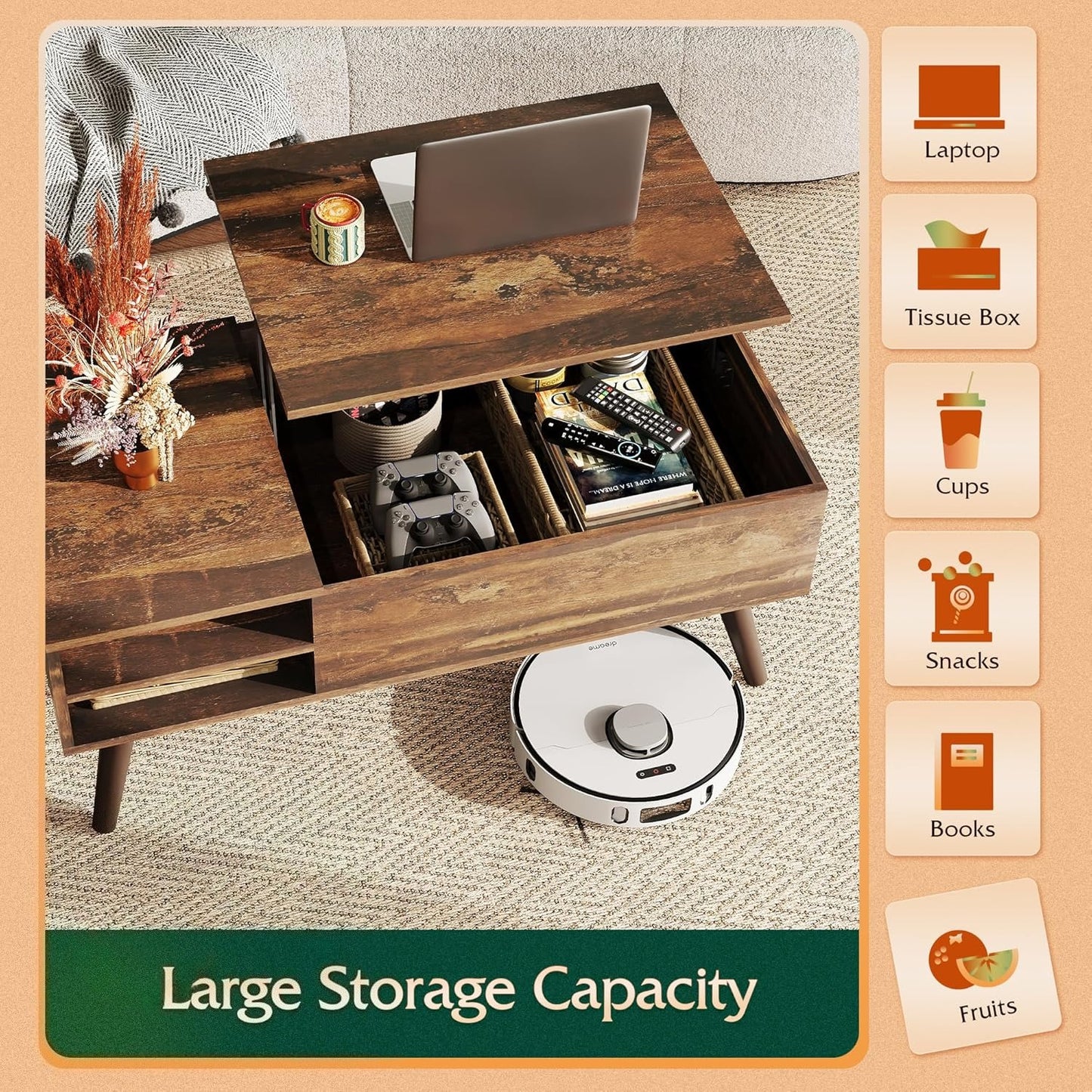 Lift Top Coffee Table for Living Room, with Storage, Adjustable Shelf and Storage Compartment