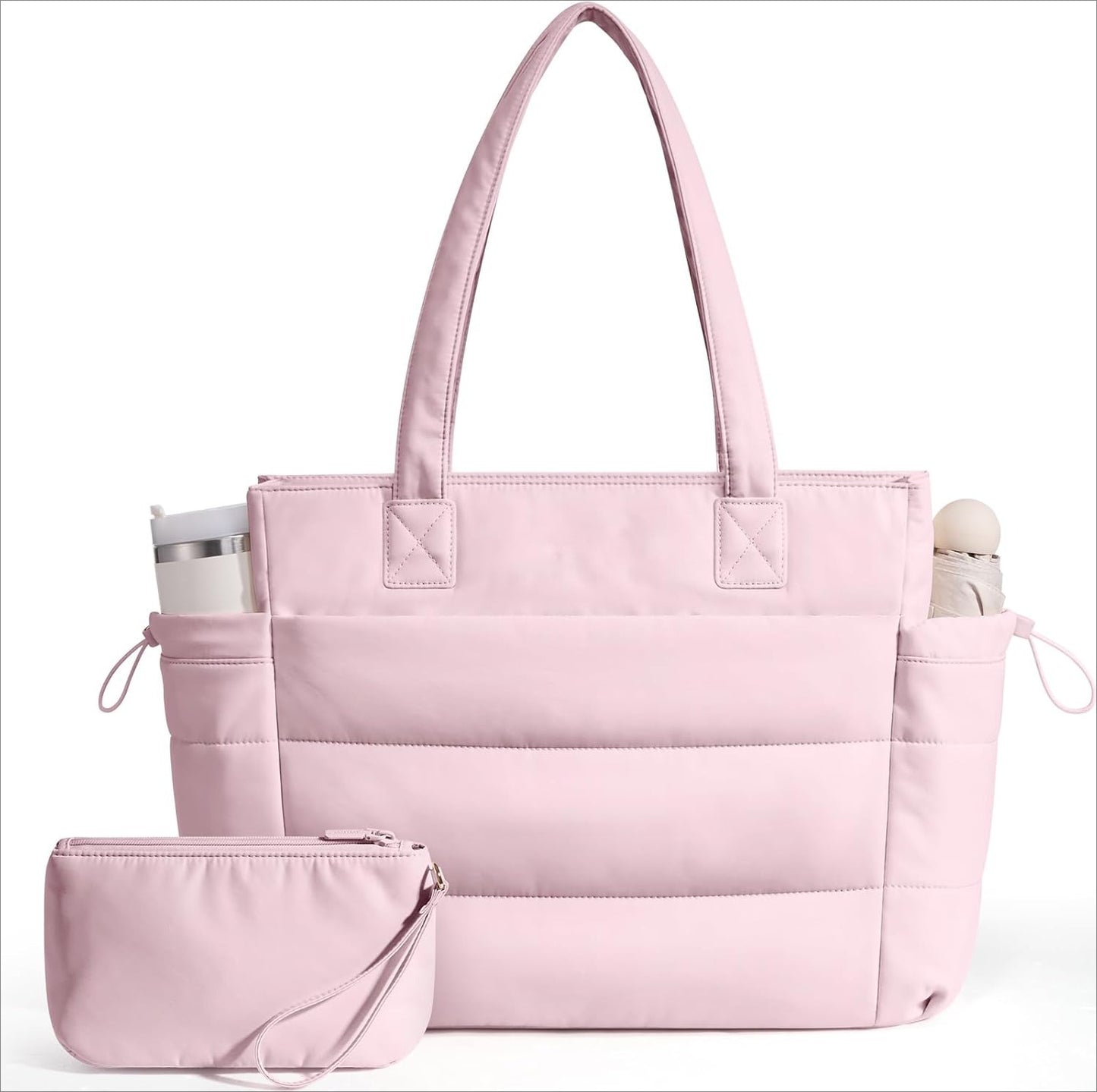 Tote Bag for Women with Giant Tumbler Holder Pocket, Puffer Work Travel Laptop Handbag with Zipper
