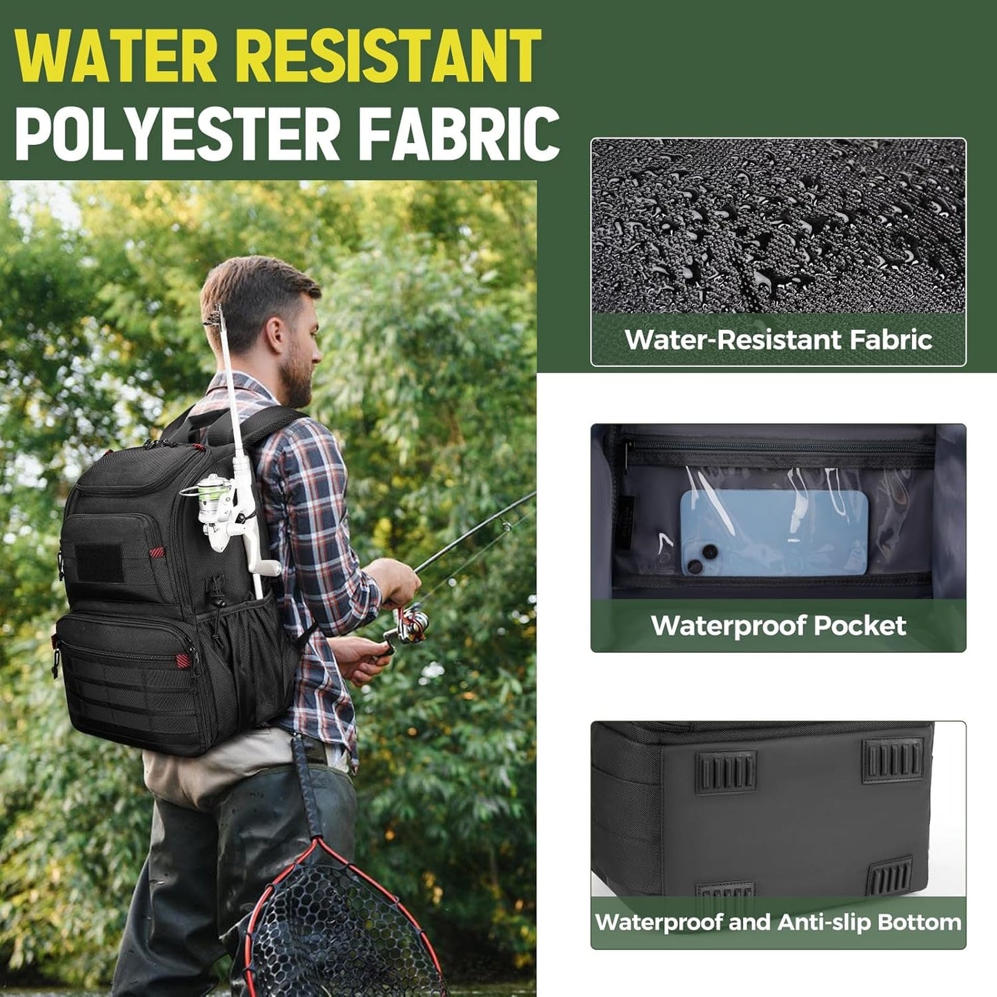 Fishing Backpack Tackle Box, Water Resistant Tackle Backpack Fishing Bags with Cooler & Rod Holders