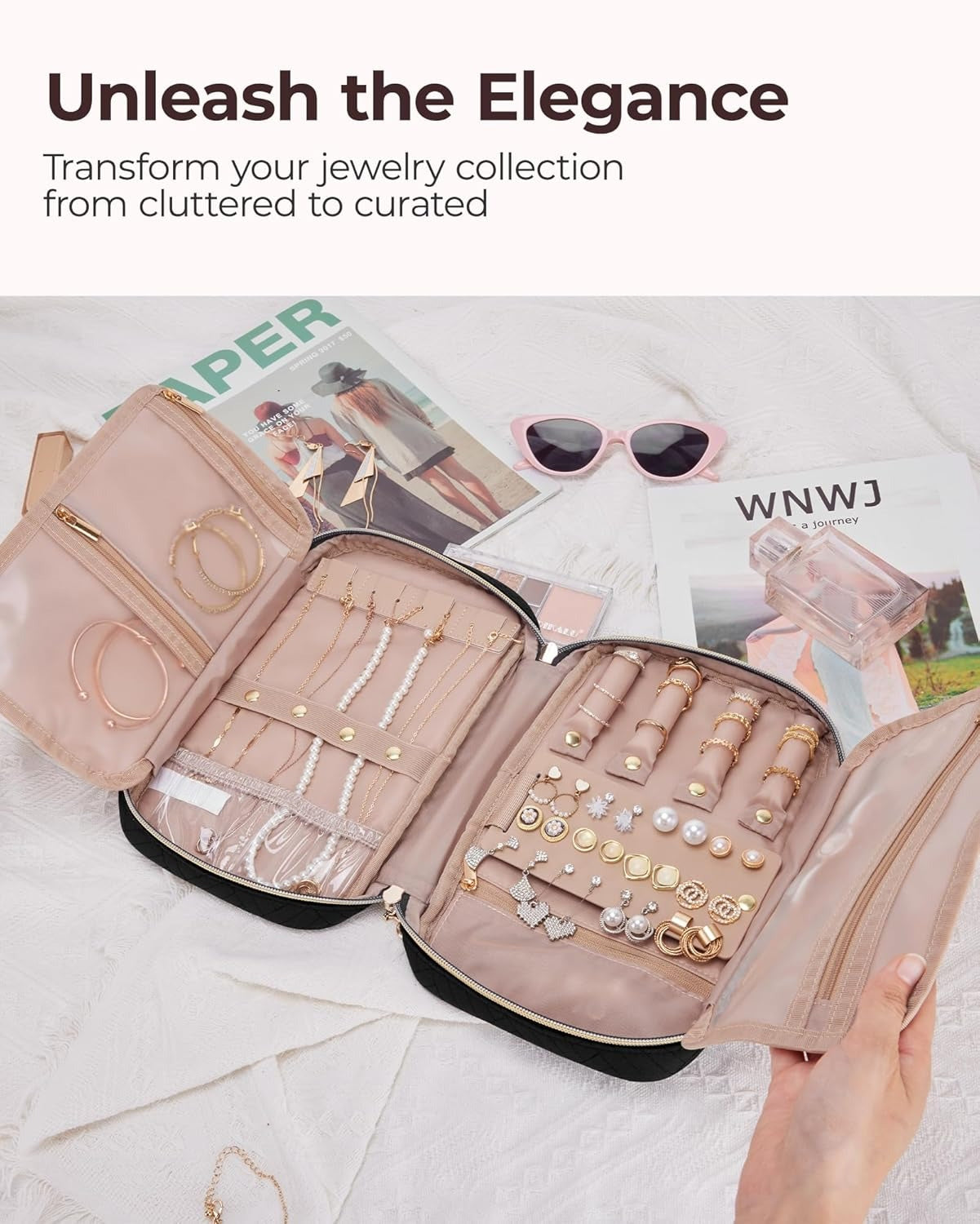Jewelry Organizer Bag Travel Jewelry Storage Cases for Necklace, Earrings, Rings, Bracelet, Black