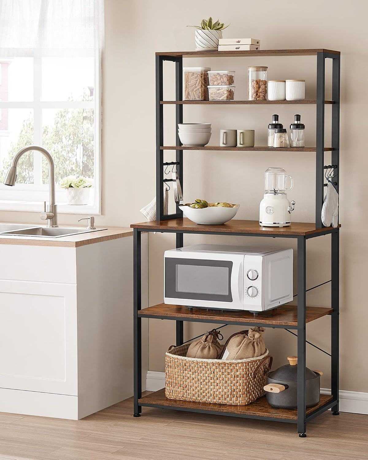 Coffee Bar, 31.5 Inches Baker's Rack for Kitchen with Storage, 6-Tier Kitchen Shelves with 6 Hooks, Microwave Stand