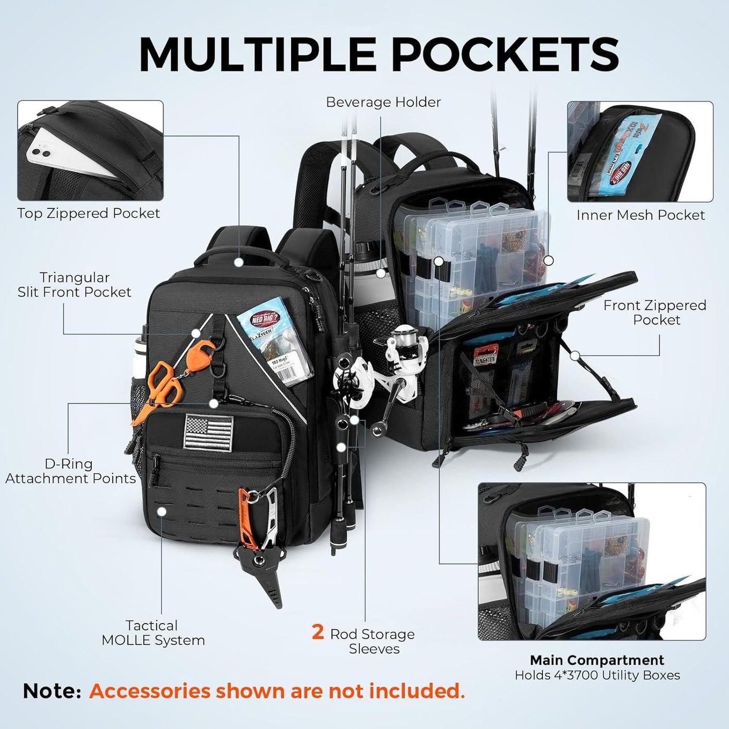 Fishing Tackle Backpack, With 2 Rod Holders,Fishing Gear and Equipment With Large Gear Storage