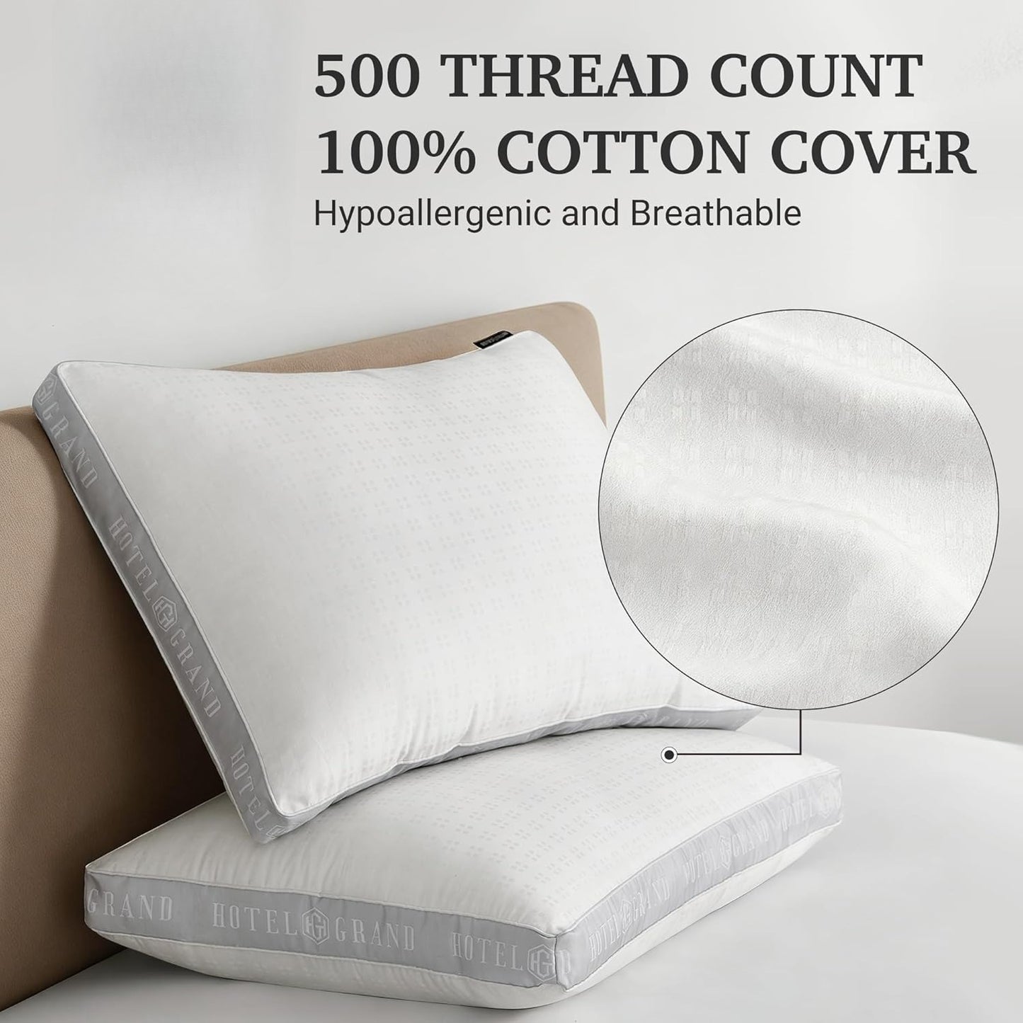 Bed Pillows Queen Size Set of 2, 500 Thread Count Cotton Cover, Down Alternative Hotel Pillow for Side, Back, or Stomach Sleepers, Medium Firm Hypoallergenic 18”x26”